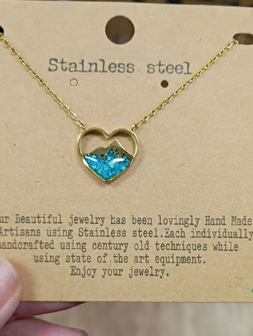 Heart Pendant Necklace with Turquoise Inlay - Stainless Steel